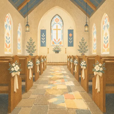 Peaceful Church Aisle Toward Softly Lit Altar