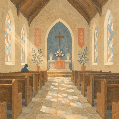 Quiet Church Aisle Toward Simple Altar