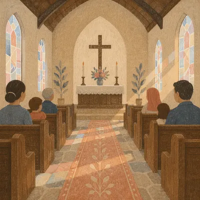 Sunlit Church Aisle Toward Simple Altar