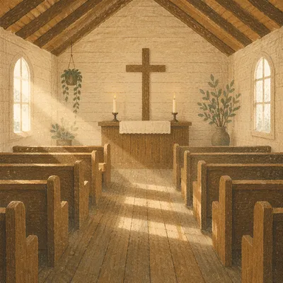 Quiet Chapel Aisle Toward Wooden Altar