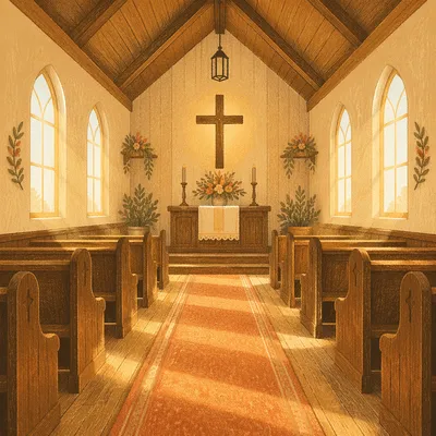 Quiet Church Aisle Toward Wooden Altar