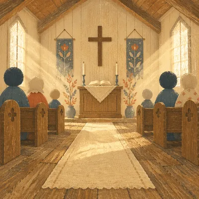Quiet Chapel Aisle Toward Wooden Altar