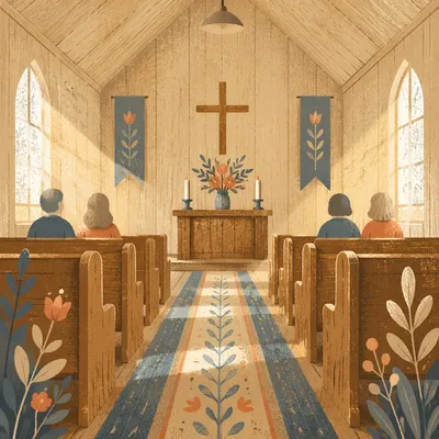 Quiet Chapel Aisle Toward Wooden Altar