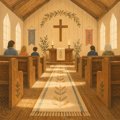 Peaceful Chapel Aisle Toward Wooden Altar