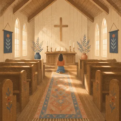 Sunlit Chapel Aisle Toward Wooden Altar
