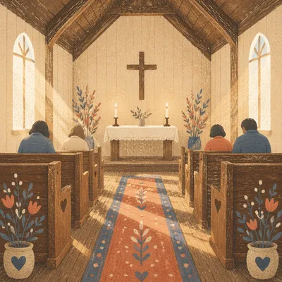 Quiet Chapel Aisle Toward Wooden Altar