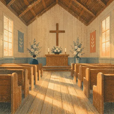 Peaceful Chapel Aisle Toward Wooden Altar