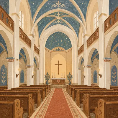 Historic Church Aisle Toward Candlelit Altar