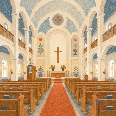 Serene Church Aisle Toward Wooden Cross