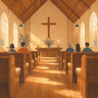 Warm Chapel Aisle Toward Wooden Altar