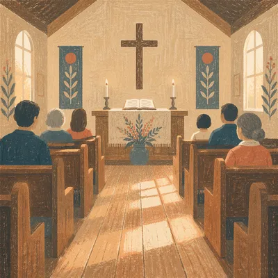 Peaceful Church Aisle Toward Wooden Altar