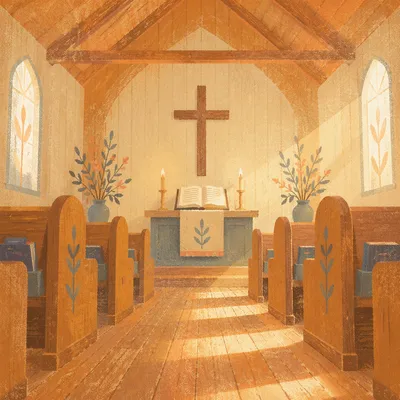 Peaceful Wooden Church Aisle to Altar