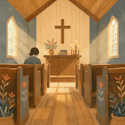 Quiet Chapel Aisle Toward Wooden Cross