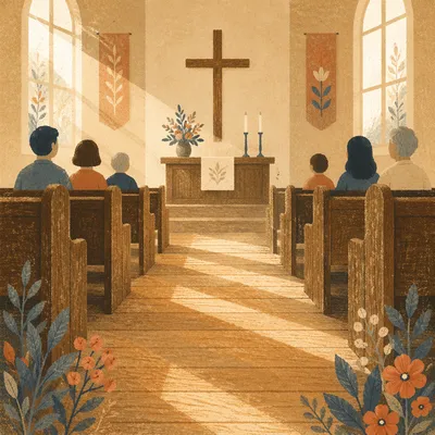 Sunlit Church Aisle Toward Wooden Altar