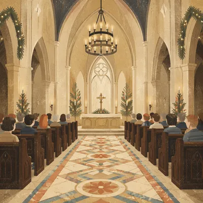 Gothic Church Aisle Toward Simple Altar