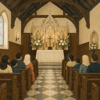 Historic Chapel Aisle to Candlelit Altar