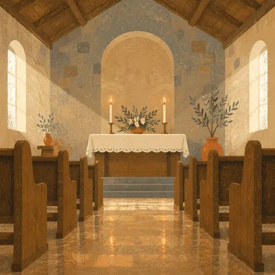 Quiet Chapel Aisle Toward Morning Altar