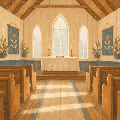 Quiet Chapel Aisle Toward Morning Altar