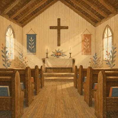Quiet Wooden Church Aisle Toward Altar