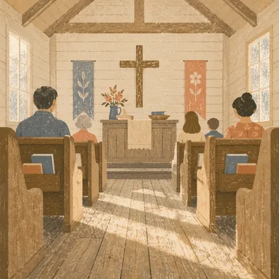 Quiet Chapel Aisle Toward Wooden Altar
