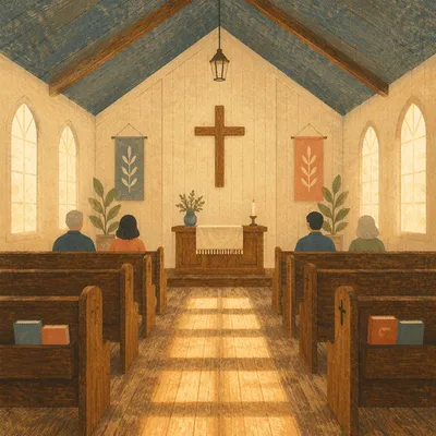 Sunlit Chapel Aisle Toward Wooden Cross