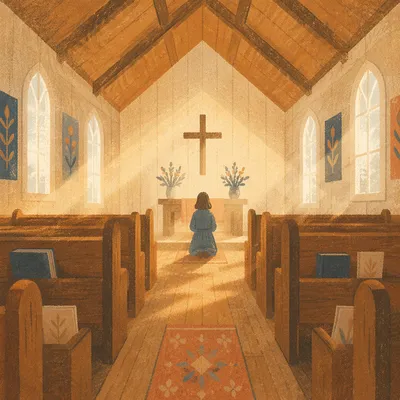 Quiet Chapel Aisle Toward Wooden Altar