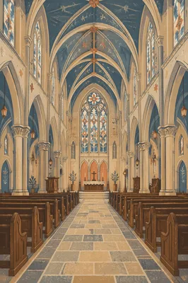 Historic Church Aisle Toward Illuminated Altar
