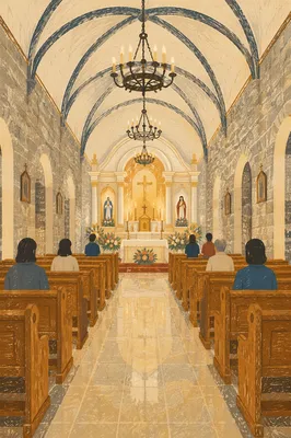 Historic Church Aisle Toward Glowing Altar