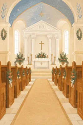 Serene Church Aisle Toward Bright Altar