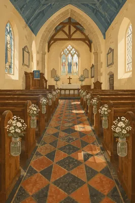 Historic Church Aisle Toward Softly Lit Altar