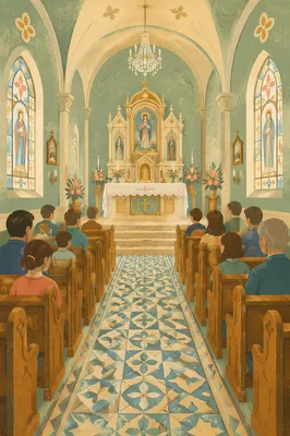 Historic Church Aisle Toward Ornate Altar