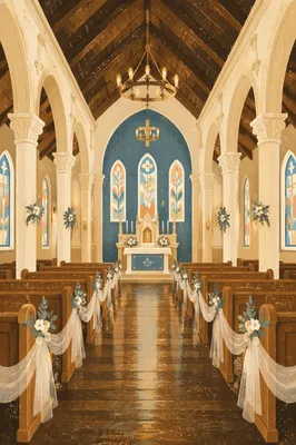 Elegant Church Aisle Leading to Softly Lit Altar