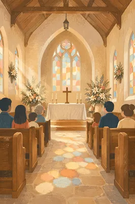 Quiet Church Aisle Toward Softly Lit Altar