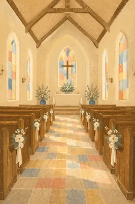 Peaceful Church Aisle to Softly Lit Altar