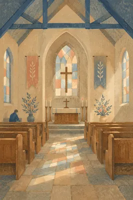 Quiet Church Aisle Toward Simple Altar