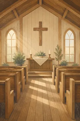 Quiet Chapel Aisle Toward Wooden Altar