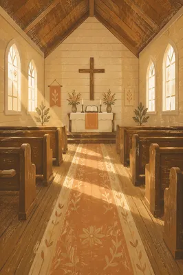 Peaceful Church Aisle Toward Wooden Altar