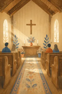 Quiet Chapel Aisle Toward Wooden Altar