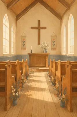 Quiet Church Aisle Toward Wooden Altar