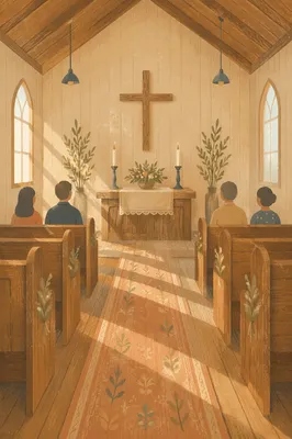 Peaceful Chapel Aisle Leading to Wooden Altar