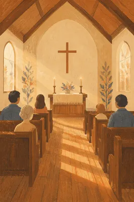 Quiet Chapel Aisle Toward Wooden Altar
