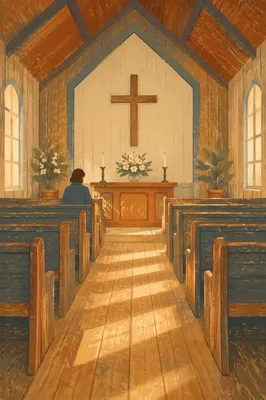 Peaceful Chapel Aisle Toward Wooden Altar