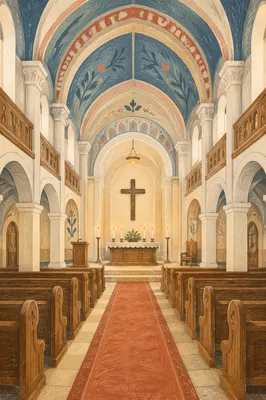 Historic Church Aisle Toward Candlelit Altar