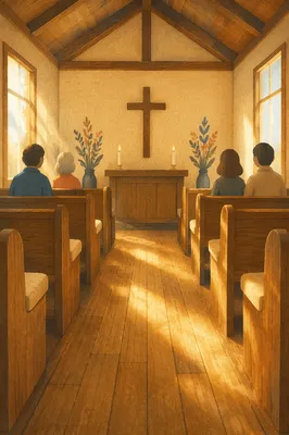 Quiet Chapel Aisle Toward Wooden Altar