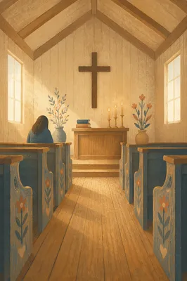 Quiet Chapel Aisle Toward Wooden Altar