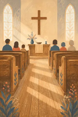 Peaceful Church Aisle Toward Wooden Altar