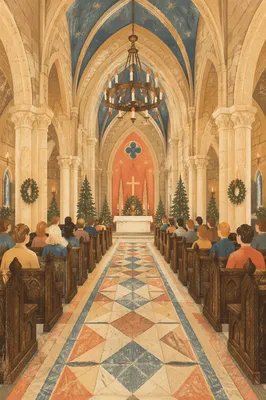 Gothic Church Aisle Leading to Altar