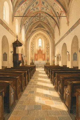 Historic Church Aisle Toward Glowing Altar