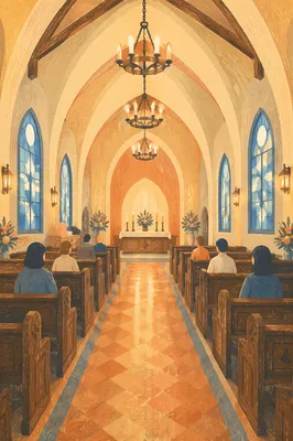Peaceful Church Aisle Toward Candlelit Altar
