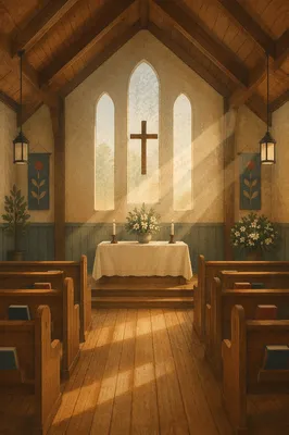Quiet Chapel Aisle Toward Simple Altar